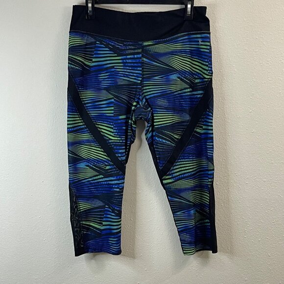 Womens Capri Leggings Blue/Green Striped Pattern With Black Mesh Panels Size L - Picture 2 of 11